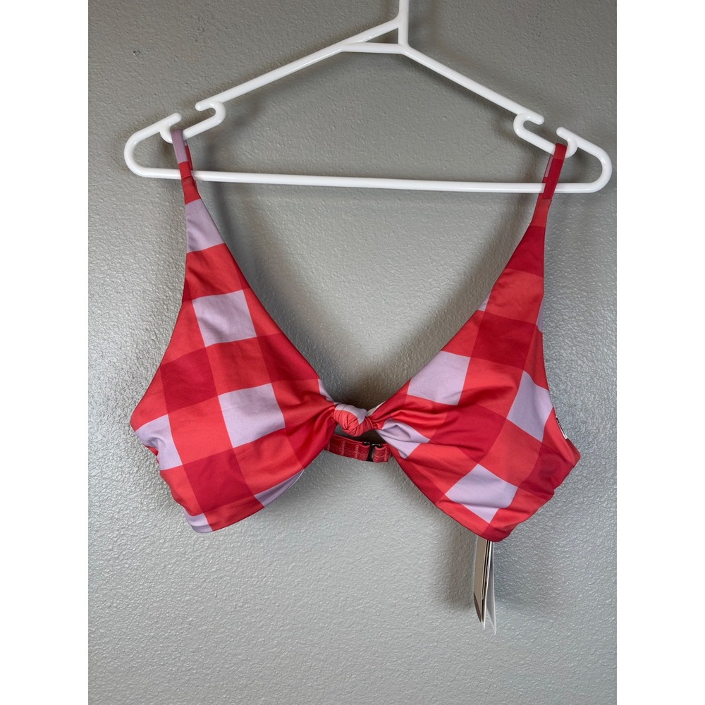 Quiksilver‎ Classic Knot Trilette Bikini Top Red Pink Gingham Plaid Swim XL NWT